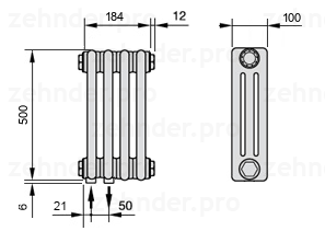 Схема (чертеж) Радиатор Zehnder Charleston 3050/4 №3370 Белый глянцевый RAL 9016